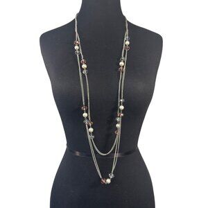 Multistrand Long Necklace With Acrylic Beads in Shades of Pink and Faux Pearls